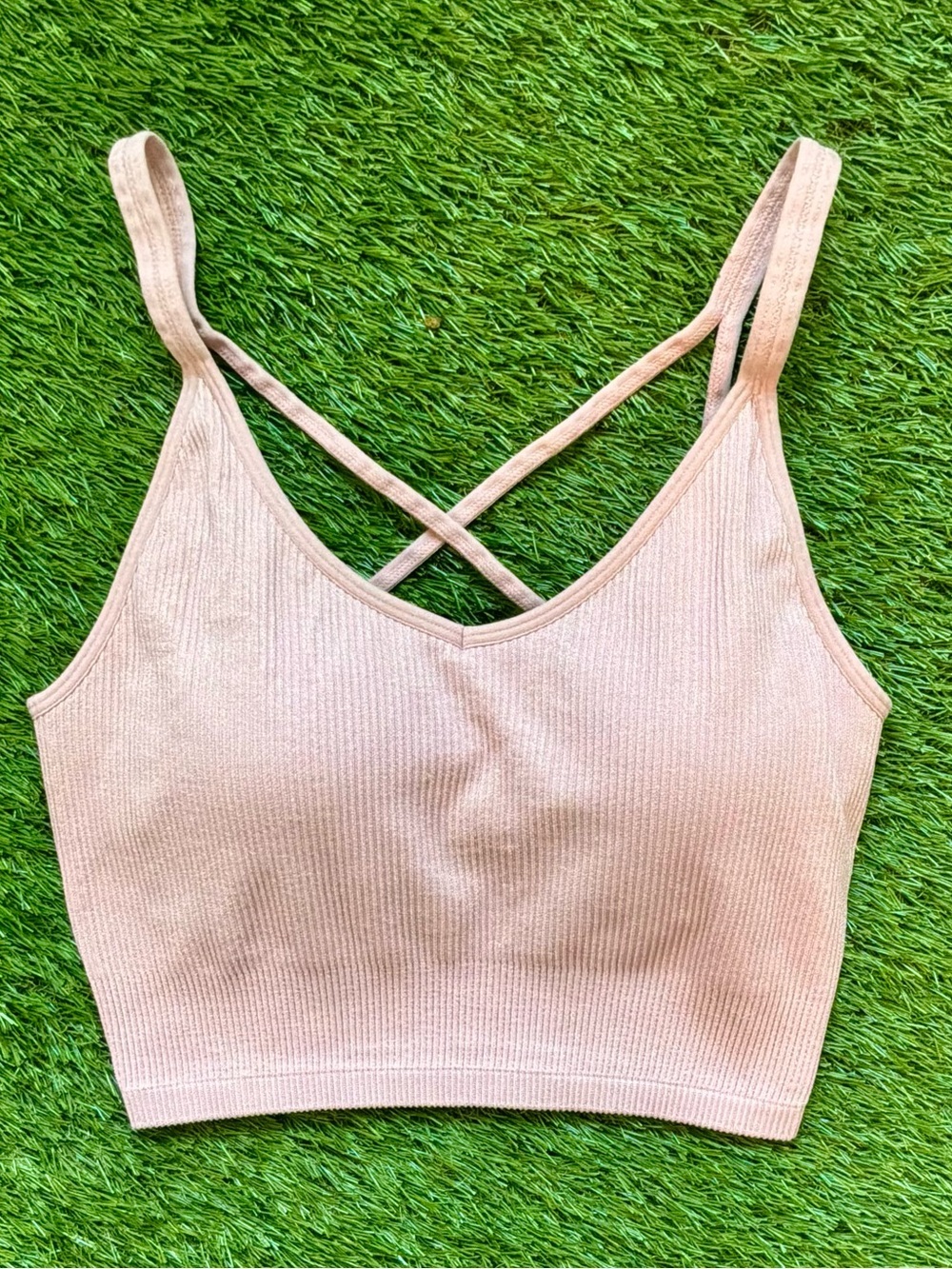 Lemon Ribbed Pink Strappy Sports Bra with Removable Cups Medium